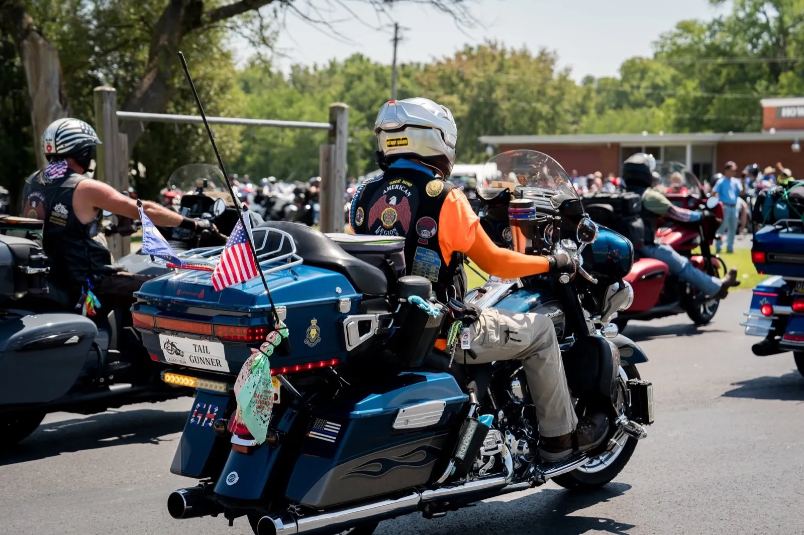 American Legion Riders escorting the Flag by motorcycle