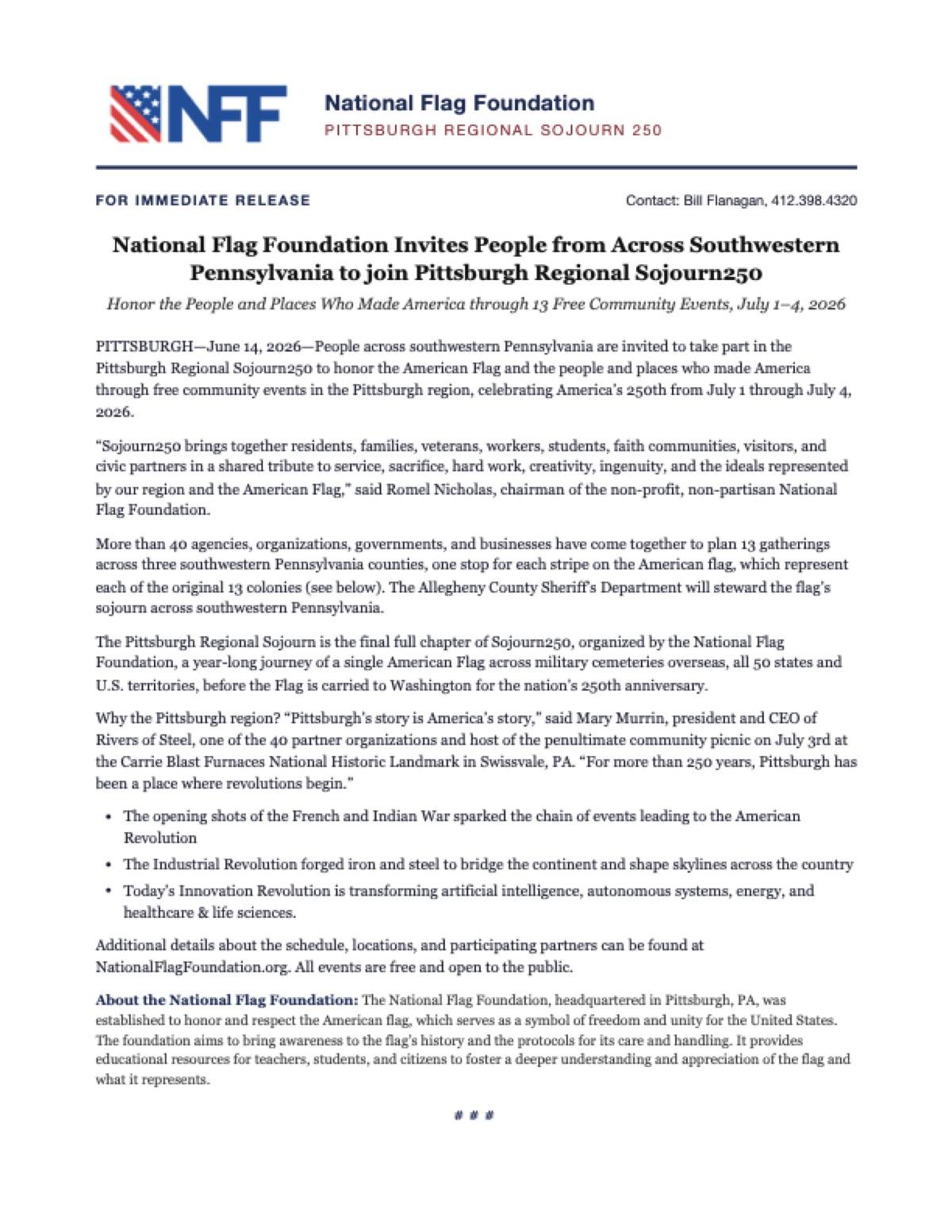 First page of the official National Flag Foundation news release announcing the Pittsburgh Regional Sojourn 250.